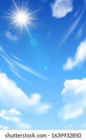 Blue sky background with white clouds and sun. Realstic cloudy effect. Vector poster