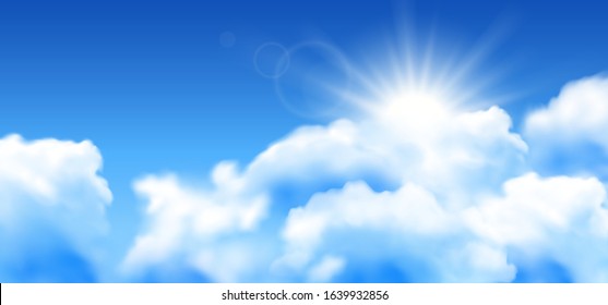 Blue sky background with white clouds and sun. Realstic cloudy effect. Vector poster