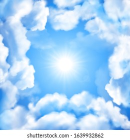 Blue sky background with white clouds and sun. Realstic cloudy effect. Vector poster