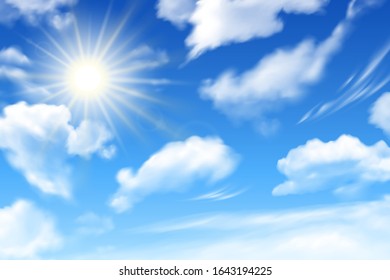 Blue sky background with white clouds and sun. Realstic cloudy effect. Vector poster