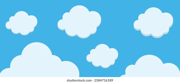 Blue sky background with white clouds. Hand drawn vector illustration in flat style. Simple background, horizontal wallpaper, web banner vector design. Cloud icon set
