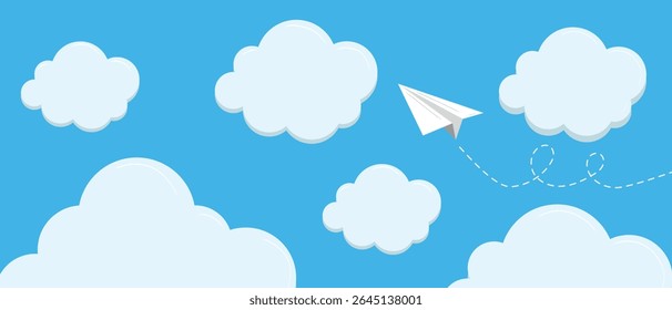 Blue sky background with white clouds and paper plane flying. Hand drawn vector illustration in flat style. Simple background, horizontal wallpaper, web banner vector design. Cloud icon set