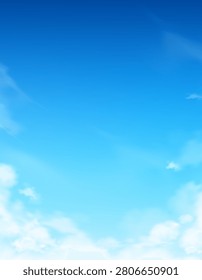 Blue Sky Background White Clouds. Natural Light Abstract Cloudy Landscape. Spring and Summer Nature, Bright Sunlight Outdoor Atmosphere, Vector Scenic Sky Texture Soft Cloud Backdrop