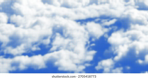 Blue sky background with white halftone clouds vector overlay texture.