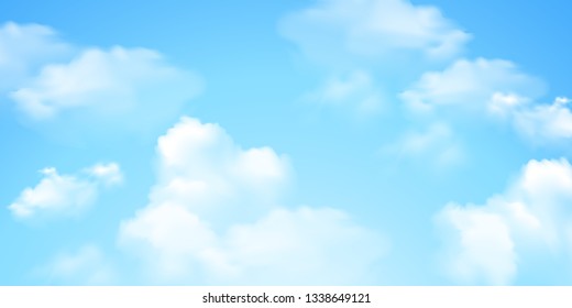 Blue sky background with white transparent clouds. Vector illustration.