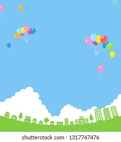Blue sky with balloon and cityscape - background material -