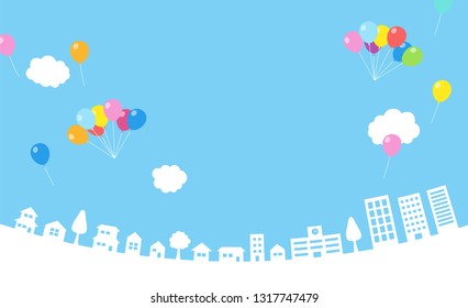 Blue sky with balloon and cityscape - background material -