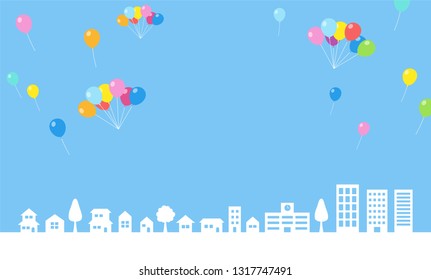 Blue sky with balloon and cityscape - background material -