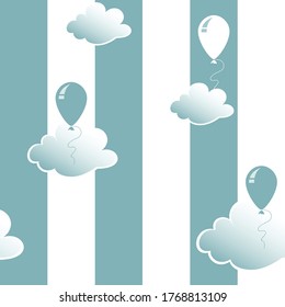 blue sky with balloons, clouds and white strips, flat seamless pattern, vector illustration