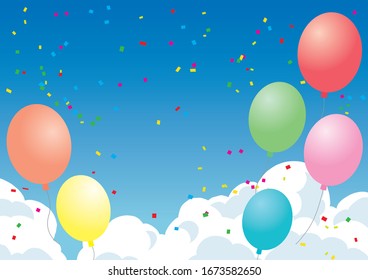 Cielo azul con globos. Iraq con nubes, fondo confetti