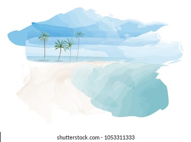 Blue sky and beach with coconut palm trees, watercolor vector illustration