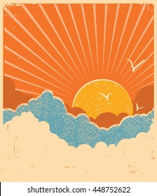 Blue sky with beautiful clouds.Vector retro poster for text