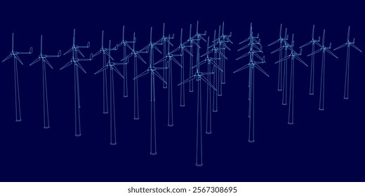 Blue sky with a bunch of wind turbines. The wind turbines are spread out and are of different sizes