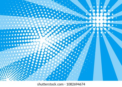 Blue sky, cartoon banner with rays and dots, flyer, abstract summer comic pop art background. - vector stock