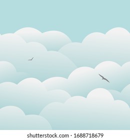 Blue sky. Cartoon cloudy. Landscape with clouds and birds. Pattern. Vector illustration.