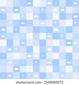 blue sky checkered seamless pattern background texture in vector graphic illustration design. pattern of colorful theme rectangle blue light with moon, cloud, plane, kite seamless pattern