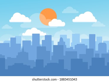 Blue sky cityscape. White clouds over city houses panorama drawing, town skyline background with towers and buildings vector illustration