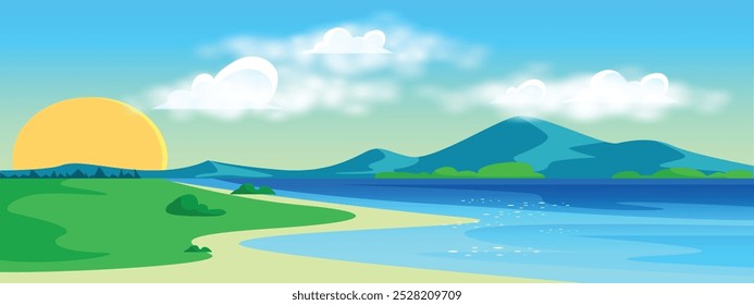 Blue sky, cloud background, summer sky horizon over beach, winter sunrise view, spring panorama, white clouds banner over blue ocean, sunset view. Editable vector