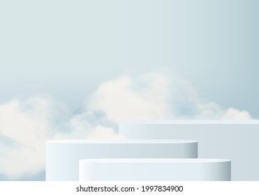 blue sky cloud background vector 3d rendering with podium and minimal scene, minimal product display background 3d rendered geometric shape sky cloud blue pastel. Stage 3d render product in platform