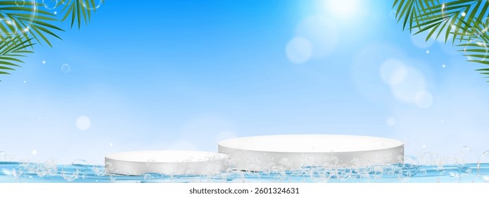Blue Sky and Cloud background,3d Cosmetic sunscreen tube on white podium with sunlight reflection on clear blue water splashing texture and air bubbles,Design mock up for Body care health concept