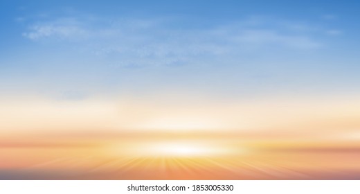 Blue sky with cloud background,Cartoon sky with orang, yellow,pink sky with sunrise.Concept all seasonal horizon banner like a spring and summer in evening, autumn and winter morning