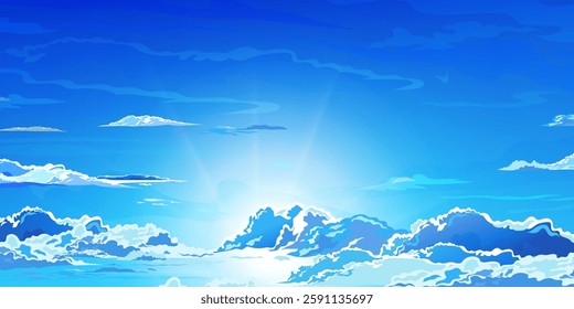 Blue sky, cloud background,Cartoon scene anime nature style,Sunny day summer with sunlight shining, white fluffy cloudy on clear sky,Vector illustration of heaven with bright light  in spring season 