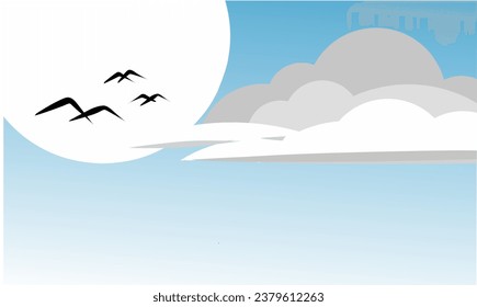 blue sky, cloud, bird and sun vector illustration background 
