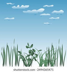 Blue Sky with Cloud and Green Grass Background Template