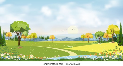 Blue sky with cloud, lake and farmland in countryside on spring,Village with grass land, skyline with sun rays in evening summer.Natural horizontal Concept for spring in morning or summer in evening