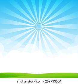 Blue sky cloud sunburst and green field vector illustration