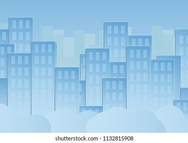 Blue sky with cloud and urban buildings. Vector illustration design in paper cut. Flat city.