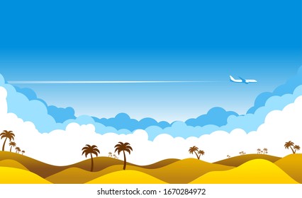 Blue sky with clouds and an airplane flying over yellow sandy desert. Airliner over an oasis in desert with palm trees. Illustration, vector