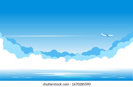 Blue sky with clouds and an airplane flying over yellow sandy desert. Airliner over an oasis in desert with palm trees. Illustration, vector
