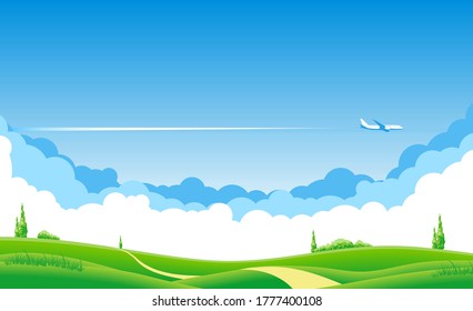 Blue sky with clouds and an airplane flying over the green fields. Airliner over grazing meadow and trees. Illustration, vector