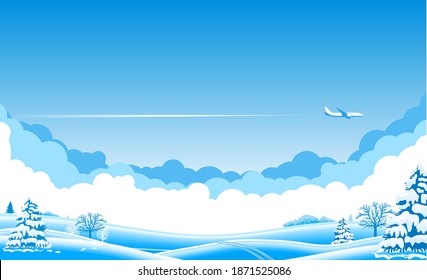 Blue sky with clouds and an airplane flying over snowy landscape. Airliner over an winter plain with trees. Illustration, vector