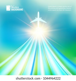 Blue sky with clouds and airplane. Vector illustration.