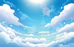 Blue Sky With Clouds. Anime Style Background With Shining Sun And White Fluffy Clouds. Sunny Day Sky Scene Cartoon Vector Illustration. Heavens With Bright Weather, Summer Season Outdoor