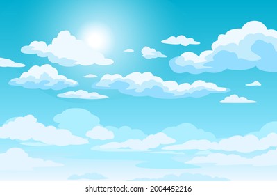 Blue sky with clouds. Anime style background with shining sun and white fluffy clouds. Sunny day sky scene cartoon vector illustration. Heavens with bright weather, summer season outdoor - Shutterstock ID 2004452216