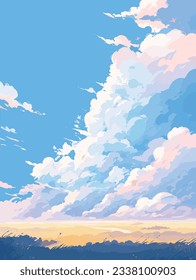 Cielo azul con nubes. Fondo de estilo animado con sol brillante y nubes blancas y esponjosas. Dibujo vectorial de la escena del cielo de los días soleados. Cielos con un clima brillante, temporada de verano al aire libre