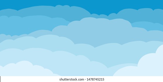 Blue sky and clouds background. Flat vector cloud drawing. Comic cartoon sunset. Fun heaven, cloudscape pattern. Borders, airy atmosphere. Weather sign or symbol.