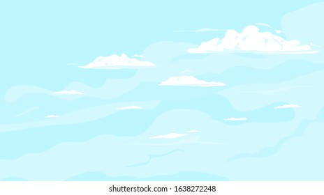 Blue sky with clouds background illustration, light blue sky with small with white lonely clouds, summer sky in sunny day in side view template