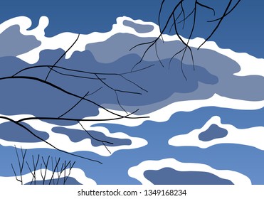 Blue sky with clouds in backlight and tree branches. Cartoon vector background design