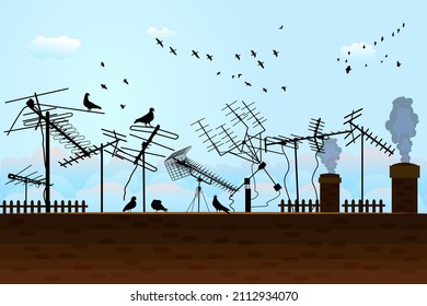 Blue sky with clouds and birds over roof with many television aerials. Radio towers and antenna on rooftop of house.Silhouettes of different television receiver aerials on housetop.Vector illustration