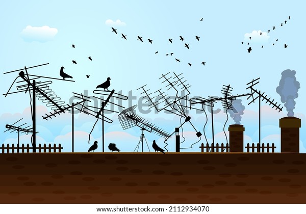 Blue sky with clouds and birds over roof\
with many television aerials. Radio towers and antenna on rooftop\
of house.Silhouettes of different television receiver aerials on\
housetop.Vector\
illustration