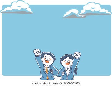 Blue sky and clouds Bright frame illustration of man and woman in suits