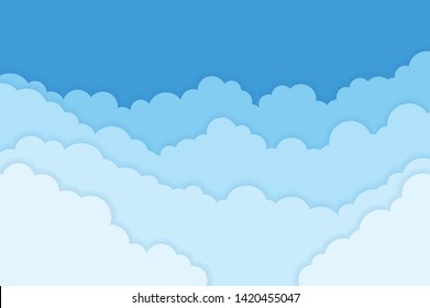 Blue Sky with Clouds. Cartoon Paper Background. Bright Illustration for Design. Stylish design with a flat poster, flyers, postcards, web banners. Isolated Object. Vector illustration