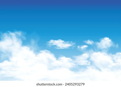 Blue sky with clouds, cartoon vector illustration of sunny day sky view. Paradise with sunny weather, summer outdoors