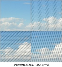 Blue sky with clouds. Collection of abstract multicolored backgrounds. Natural geometrical patterns. Triangular and hexagonal style vector illustration.