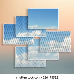 Blue sky with clouds. Collection of abstract multicolored backgrounds. Natural geometrical patterns. Triangular and hexagonal style vector illustration.