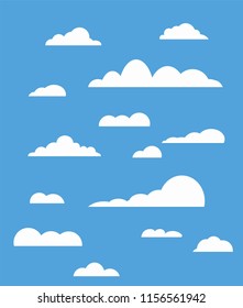 Blue sky, clouds in flat style. Vector design element for logo, web and print. Cloud icon, cloud shape. Many different clouds. Collection cloud icon, shape, label, symbol. Vector graphic element.